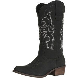 Woman's Black Pu leather Cowgirl Mid Wide Calf Classic Western Fashion Boots